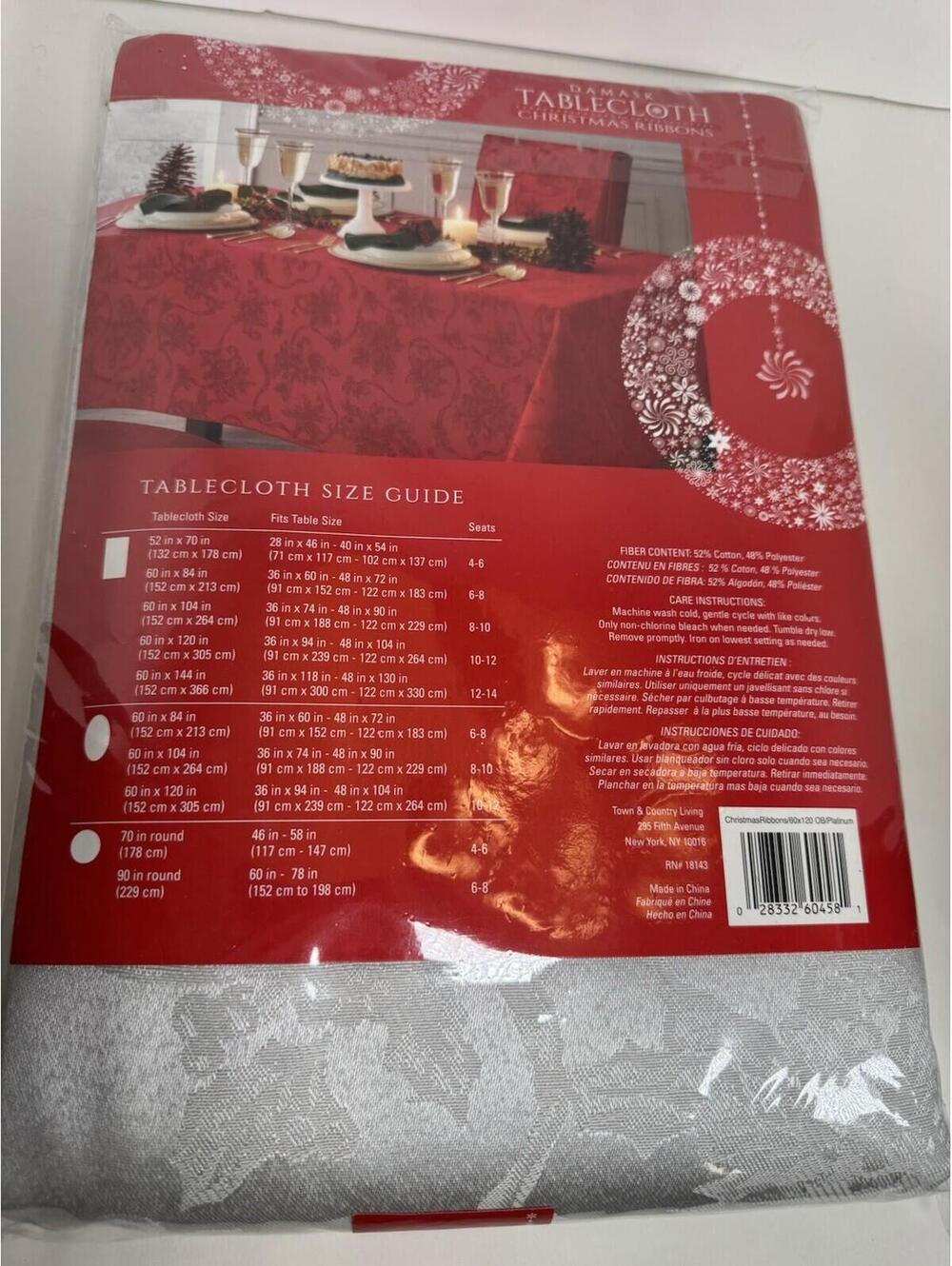 Damask Silver Tablecloth Oblong 60" X 120" 10-12 CHRISTMAS RIBBONS Holiday NEW - Picture 3 of 3